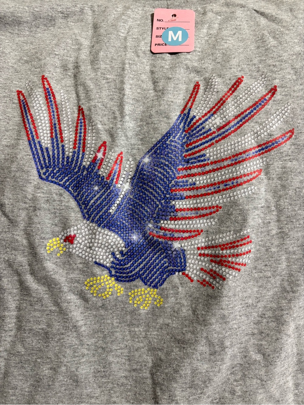 NEW Rhinestone Eagle Graphic Tee - Grey with Red, Blue, Yellow size Medium
